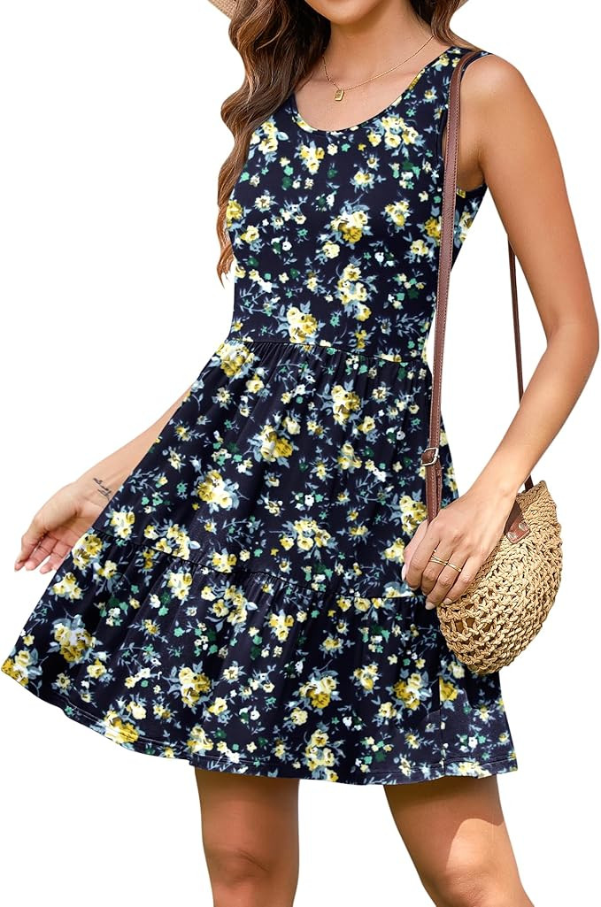 AUSELILY Womens Summer Dress Casual Sleeveless Crewneck T Shirt Sundress Flowy Tiered Swing Mini ... | Amazon (US)