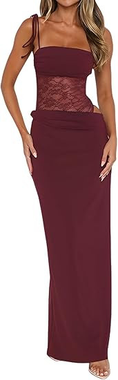 Women's Lace Splicing Cutout Maxi Dress Square Neck Sleeveless Bodycon Long Dress with Sheer Cors... | Amazon (US)