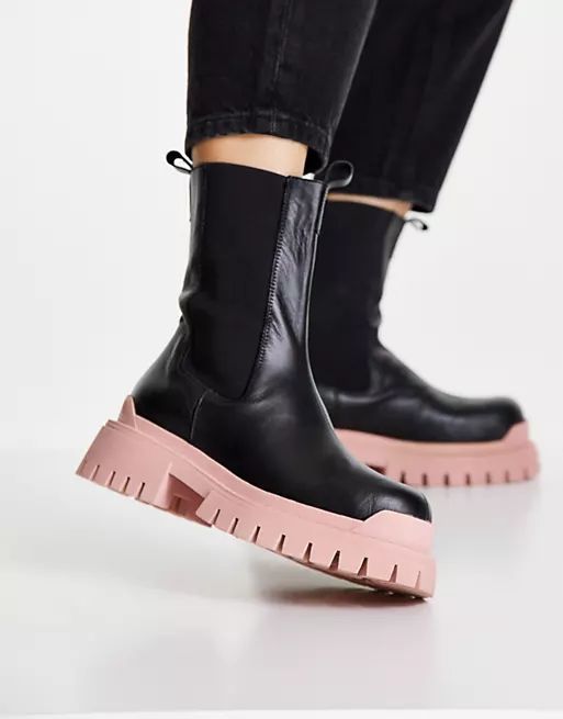 Topshop Ace leather chunky chelsea boot in black and peach | ASOS (Global)