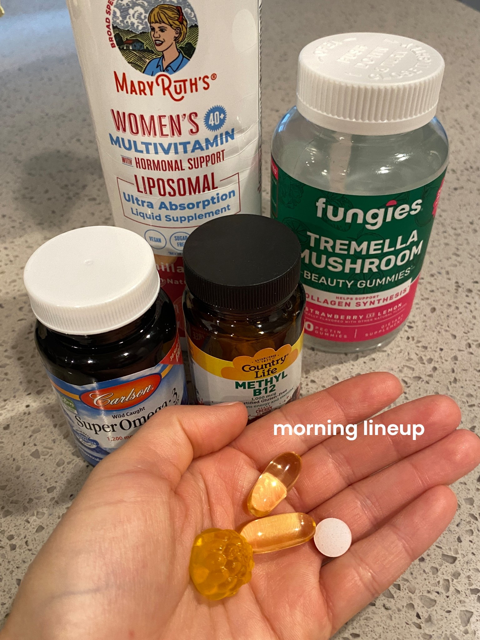 My daily supplements that I take every morning: a liquid multivitamin, fish oil, B12, & tremella mushroom gummies 