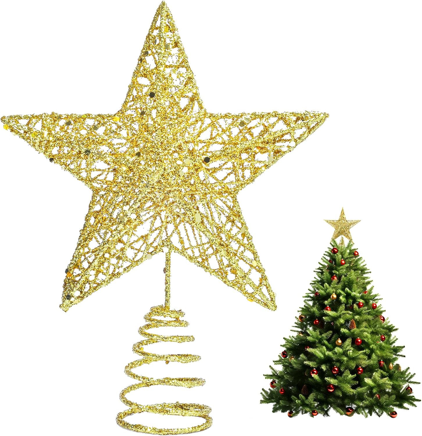 Etokfoks 1 Piece Gold Glittered Hollow Star Christmas Tree Topper 8 Inch High 6 Inch Wide Metal Treetop for Xmas Holiday Decoration one_size | Lowe's