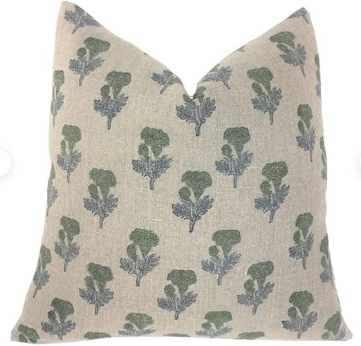 Floral Block Print Pillow Cover in Green, Blue and Tan, 20" x 20" | Amazon (US)