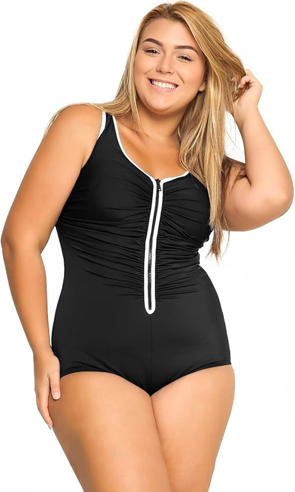 DELIMIRA Women's One Piece Bathing Suit Plus Size Swimsuit Tummy Control Front Zipper Swimwear | Amazon (US)