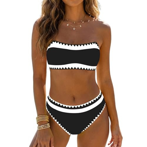 Sexybody Women's Bandeau Bikini Strapless Bikini Neon Color Block Two Piece Whip Stitch Trim Bathing Suits | Amazon (US)