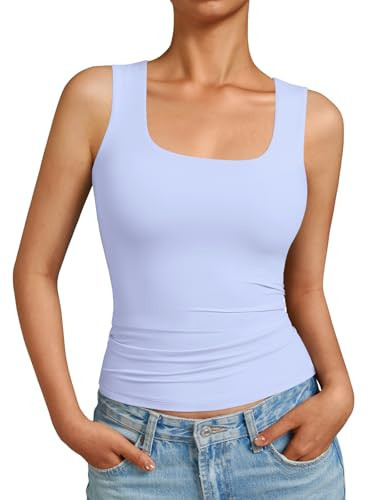 GKBK Women's Scoop Neck Tank Top Double Lined Sleeveless Fitted Basic Summer Top for Daily Wear and Going Out Light Blue M | Amazon (US)