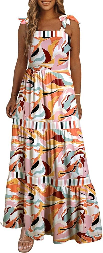 AlvaQ Women's 2024 Summer Sleeveless Floral Print Maxi Dress Strap Square Neck Beach Sun Dress | Amazon (US)