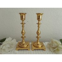 Vintage Gold Brass Taper Candle Holder Set Matching Candlestick Pair Mid Century Hollywood Regency Retro Boho Bungalow Home Decor Wedding | Etsy (US)