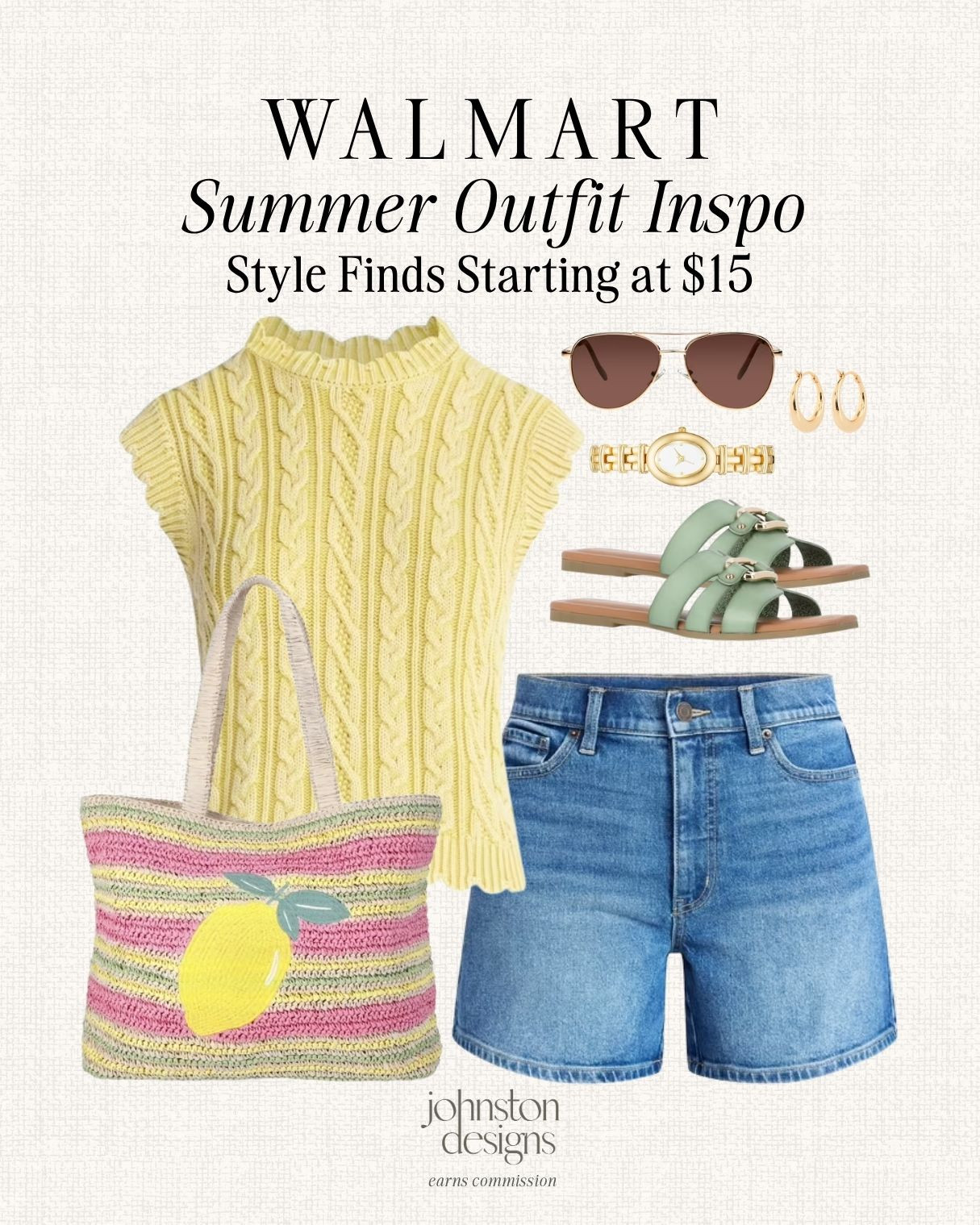Walmart summer outfit inspo with a sunny cable knit top, denim shorts and colorful warm weather accessories. 🍋

Walmart summer outfit, yellow cable knit top, denim shorts outfit, lemon tote bag, green slide sandals, gold watch, gold hoop earrings, aviator sunglasses, casual summer style, vacation outfit idea, affordable Walmart fashion, bright summer look, warm weather outfit, budget friendly style finds 

 #LTKootd #LTKSeasonal