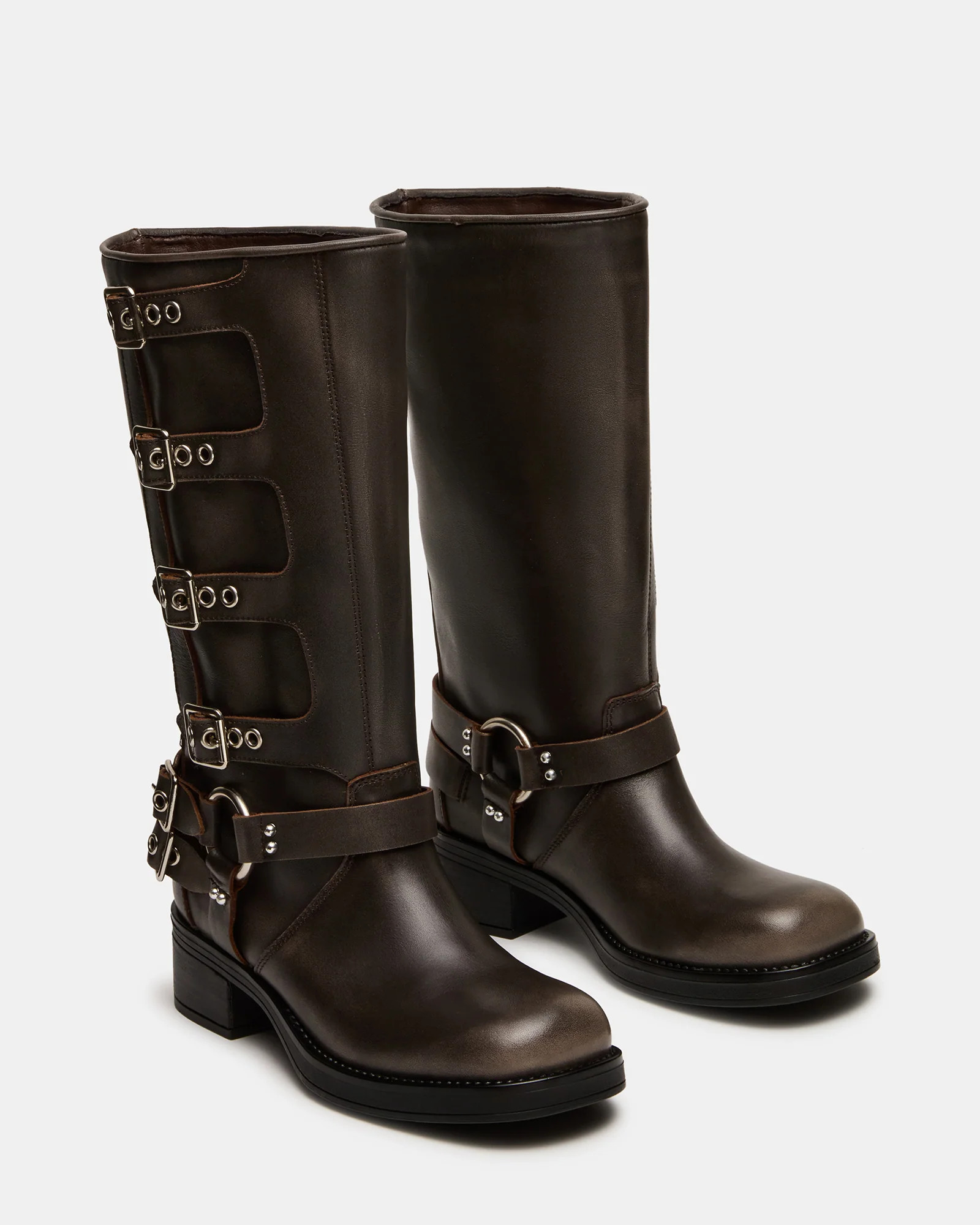 ROCKY Brown Distressed Wide Calf Knee-High Moto Women's Boot | Steve Madden (US)