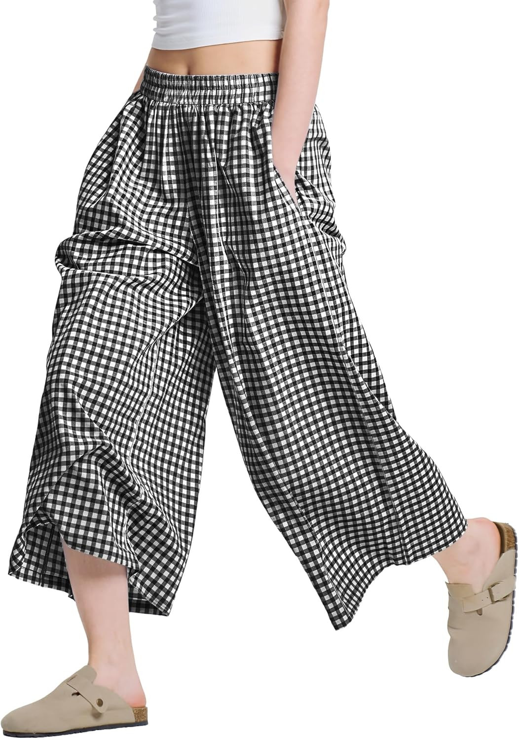 LOMON Womens Wide Leg Capri Pants Gingham Plaid Culottes Spring Summer Elastic Waist Palazzo Trou... | Amazon (US)