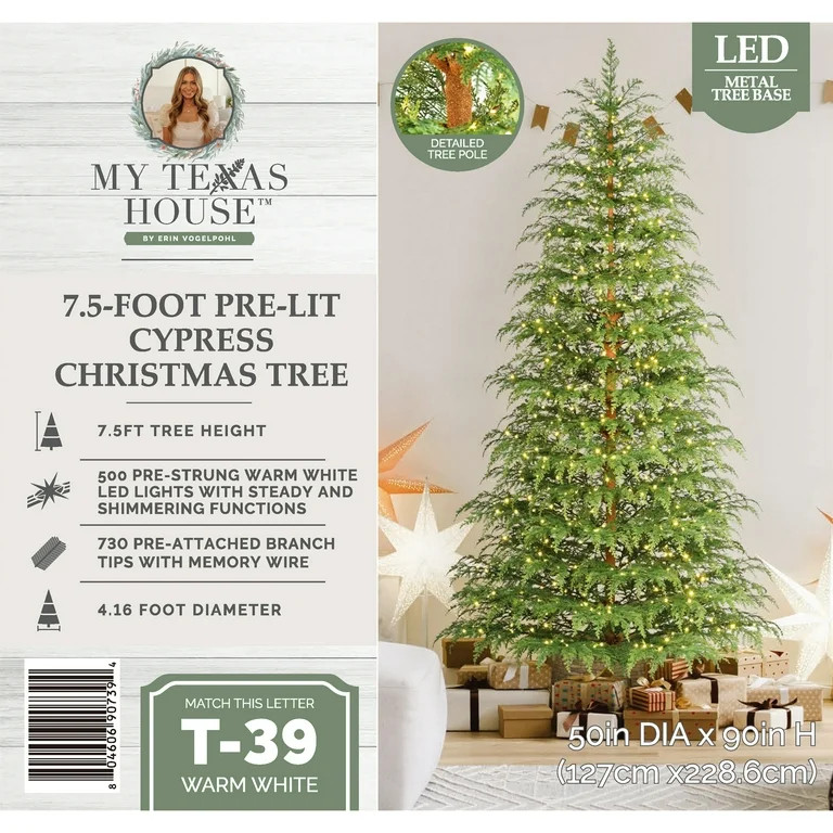7.5' Pre-Lit Green Cypress Artificial Christmas Tree with 500 Warm White Twinkle LED Lights, by M... | Walmart (US)