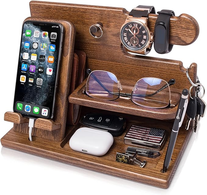 TESLYAR Wood Phone Docking Station for Men - Desk Accessories & Workspace Organizer - Nightstand ... | Amazon (US)