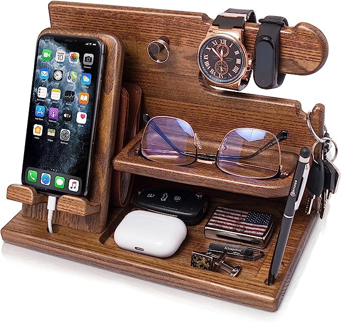 TESLYAR Wood Phone Docking Station Ash Key Holder Wallet Stand Watch Organizer Men Gift Husband W... | Amazon (US)