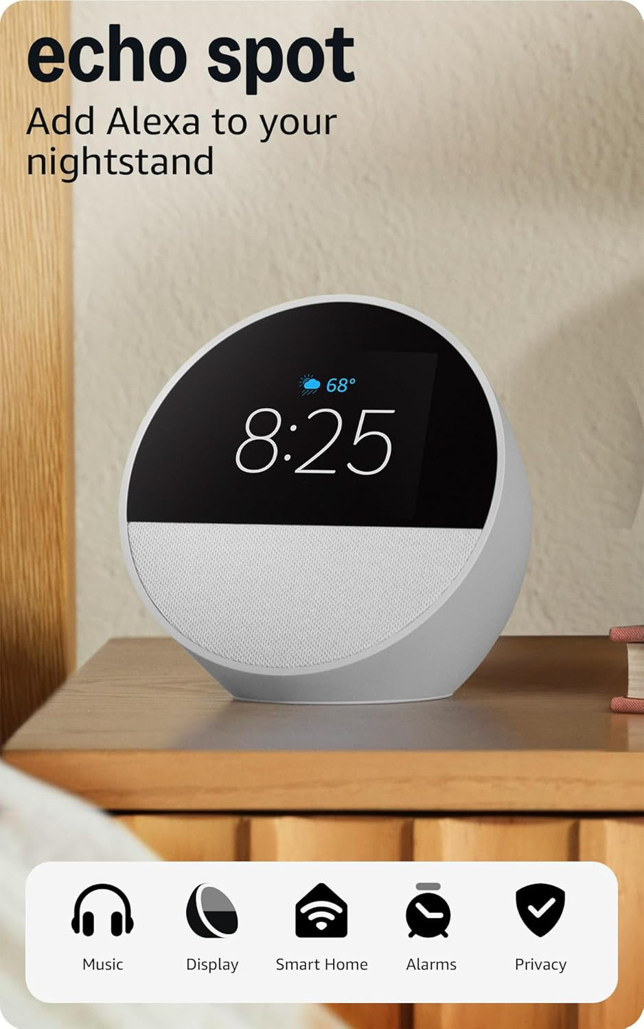 Amazon Echo Spot (newest model), Great for nightstands, offices and kitchens, Smart alarm clock, Designed for Alexa+, Glacier White | Amazon (US)