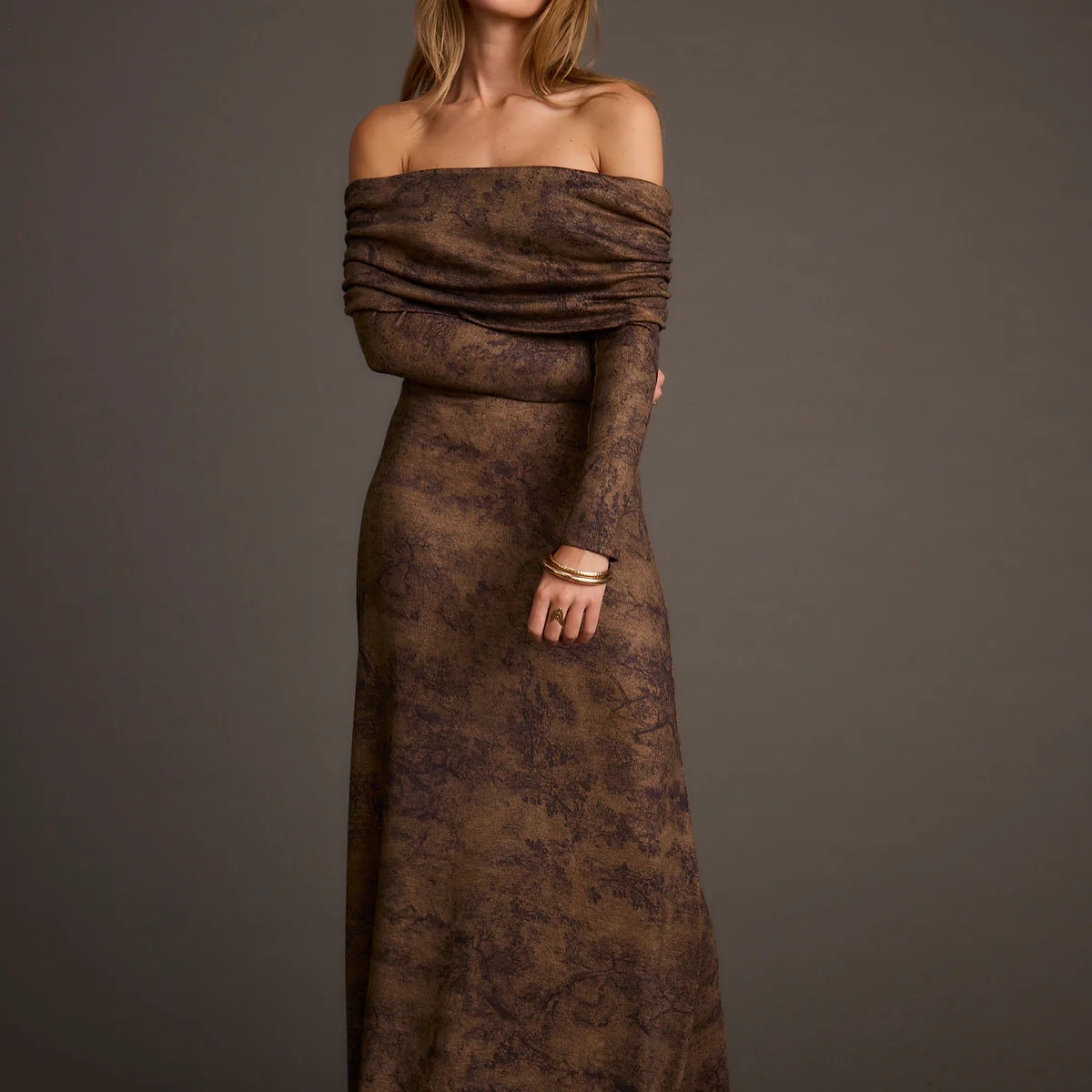 Hollis Mocha Blur Off the Shoulder Maxi Dress | 12th Tribe