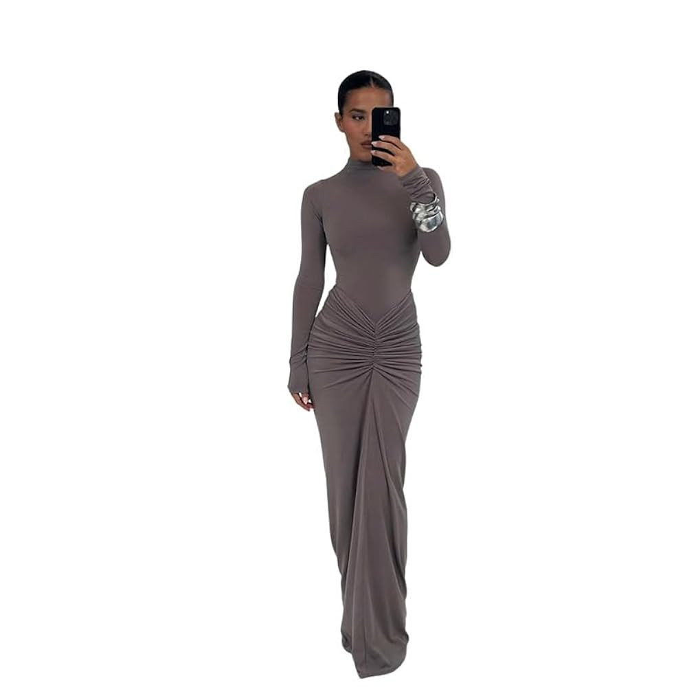 Womens Sexy Maxi Dress Long Sleeve Ruched Bodycon Turtleneck Club Party Casual Wedding Dresses | Amazon (US)