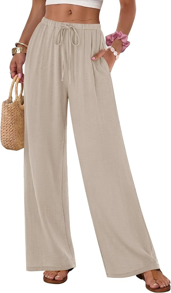 IWH Womens Palazzo Pants Flowy Lightweight Wide Leg Low Rise Beach Casual Loose Elastic Waist wit... | Amazon (US)