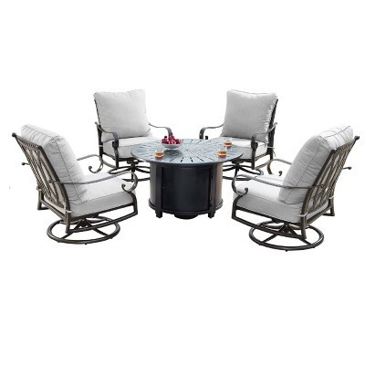 5pc Outdoor Set with 44" Round Aluminum Fire Table Set with 4 Swivel Rocking Chairs & Wind Blocker Lid - Oakland Living | Target