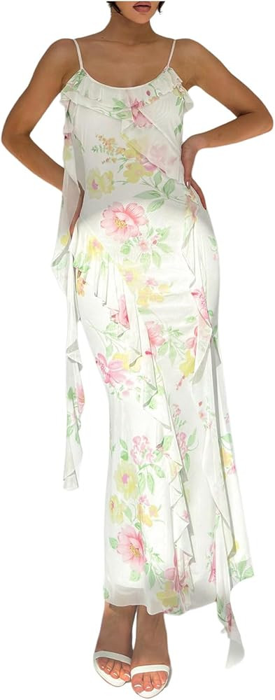 Milumia Women's Floral Mesh Ruffle Cami Dress Sexy Spaghetti Strap Bodycon Maxi Dresses | Amazon (US)