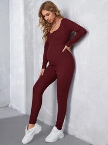 SHEIN Maternity Notched Neck Keyhole Back Jumpsuit | SHEIN