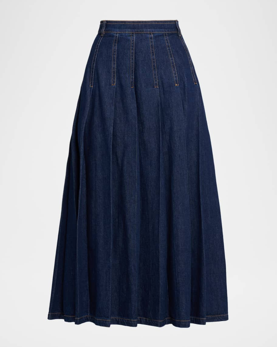 Weekend Max Mara Pleated Cotton Denim Midi Skirt | Neiman Marcus
