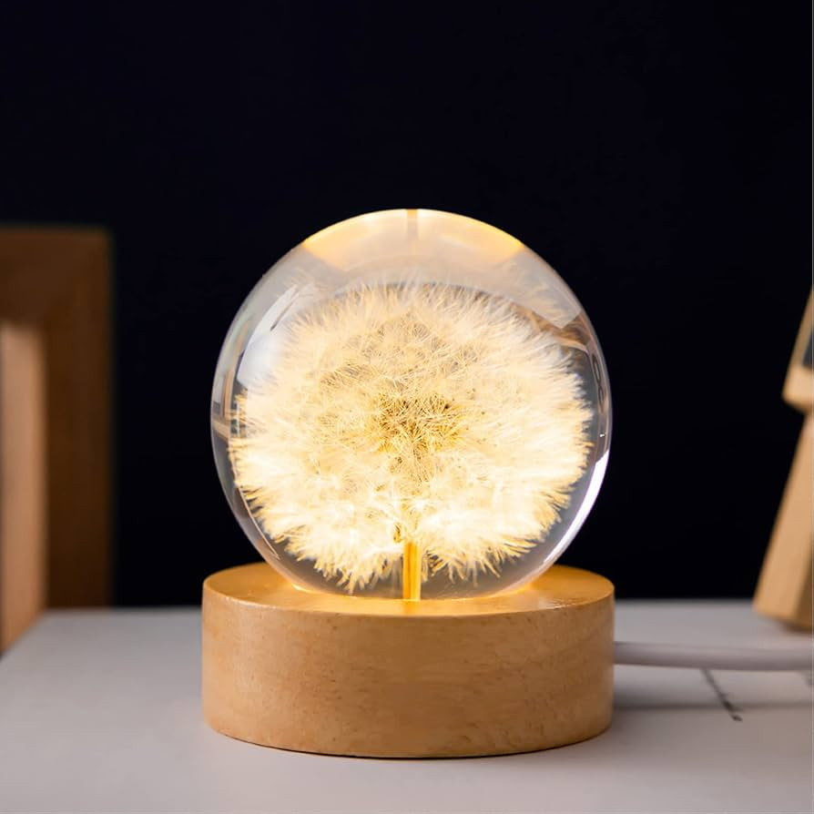 Flower Crystal Ball Night Light,2.4 inch Glass Ball Night Lamp with Woodern Base (Dandelion) | Amazon (US)