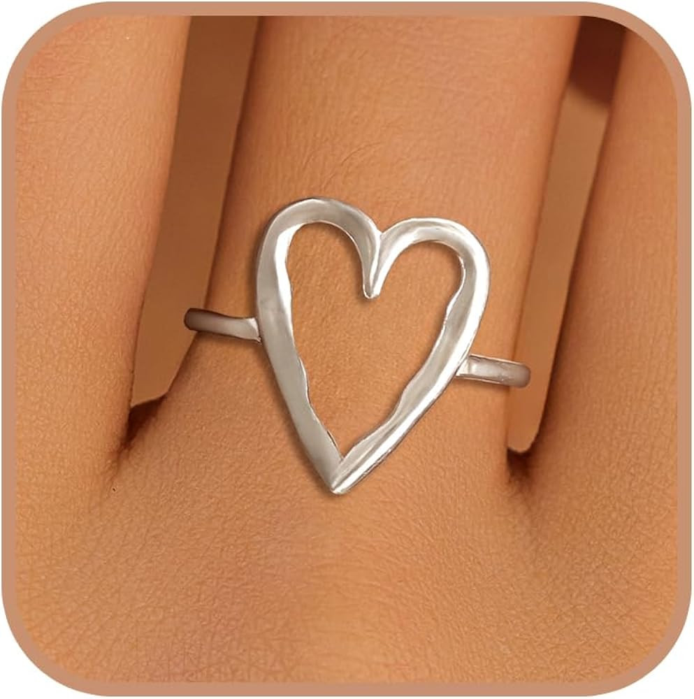Irregular Hammered Hollow Heart Stackable Ring for Women 925 Sterling Silver Minimalist Stylish L... | Amazon (US)