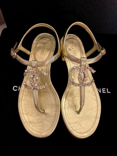 Chanel Women 20C CC Logo Pearl Laminated Lambskin Thong Sandal Gold Size 36 NIB!  | eBay | eBay US