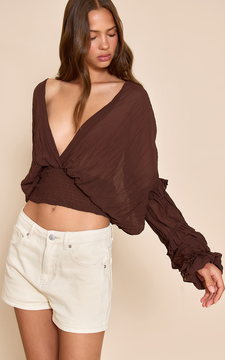 Chocolate Chiffon Ruffle Detail Plunge Blouse | PrettyLittleThing US