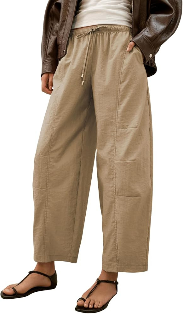 Lviefent Womens Barrel Pants Casual Drawstring Elastic Waist Crop Wide Leg Parachute Pants with P... | Amazon (US)