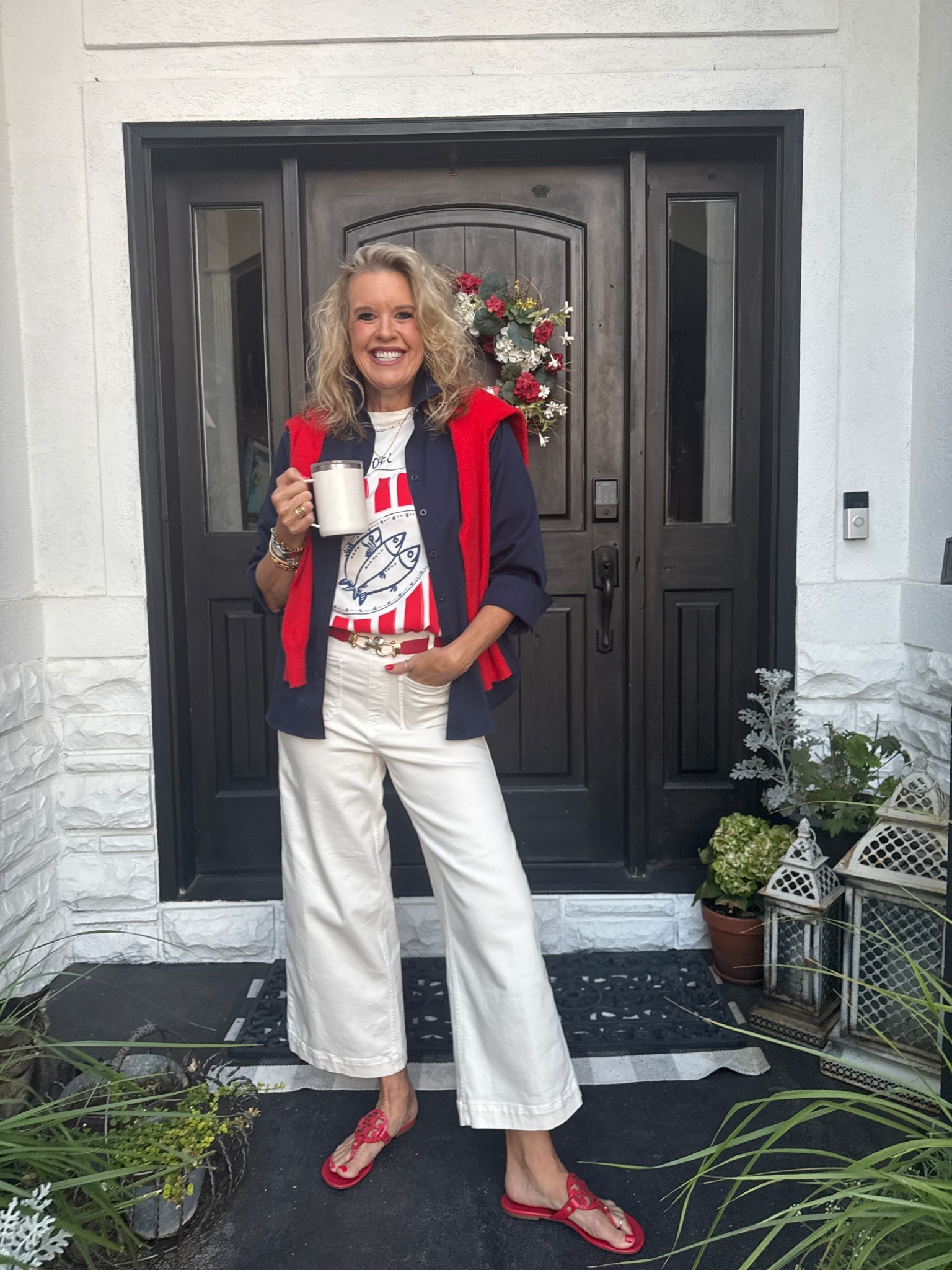 Outfit inspiration

Teacher or work wear outfit inspiration. 

A little French🇫🇷 A little red, white and blue outfit inspo

Spanx white, wide leg front pocket pull on twill pants.
Fit true to size 
Save 10% with code Deardarcyxspanx 

French Fish graphic tee shirt by H& M tts

Red stretch belt sold in a two pack Amazon find

Red cashmere sweater by quince so affordable, soft and great quality true to size.

Navy, no iron button up , with 3/4 sleeve & fit tts comes in several colors and patterns 

Tory Burch -Red miller sandals tts

Gold hoops (Amazon hoop set) 


#LTKStyleTip #LTKFindsUnder100 #LTKOver40