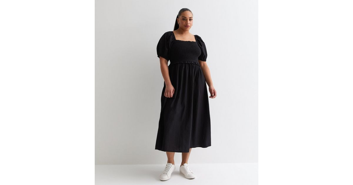 Curves Black Square Neck Shirred Midi Dress | New Look | New Look (UK)