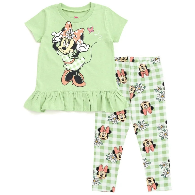 Disney Minnie Mouse Floral Toddler Girls Peplum T-Shirt and Leggings Outfit Set Green 2T | Walmart (US)
