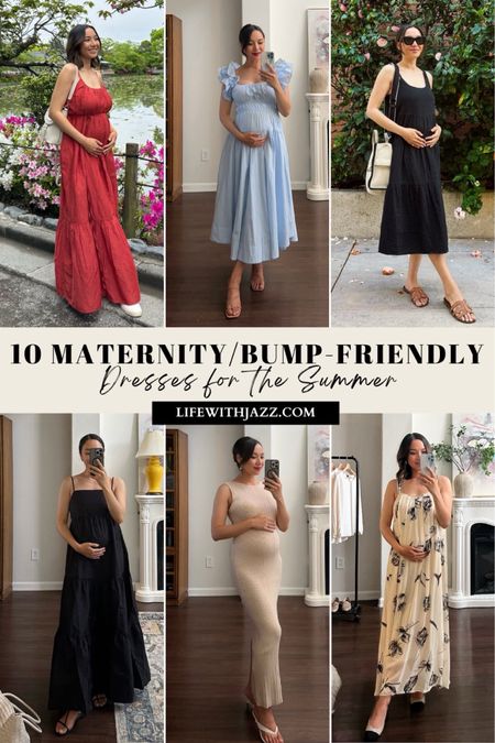 10 maternity/bump-friendly dresses for the summer - I’ve linked to other maternity/bump-friendly dresses + you can head over to my blog for a more in-depth review of all of these dresses! 

• red dress - available in 4 colors
• light blue dress - nice and stretchy, under $100, perfect for a baby shower, I’m 25 weeks in the photo 
• aritzia black dress (top right) - bump-friendly, comfortable and roomy 
• gap maternity black maxi dress - under $50, 100% cotton 
• beige sweater tank dress - I sized up to a medium, under $70, beautiful cashmere quality 
• neutral floral dress - perfect for a baby shower, thick straps are a plus (to wear a normal bra), I’m 20 weeks in the photo 

#LTKSeasonal #LTKBump