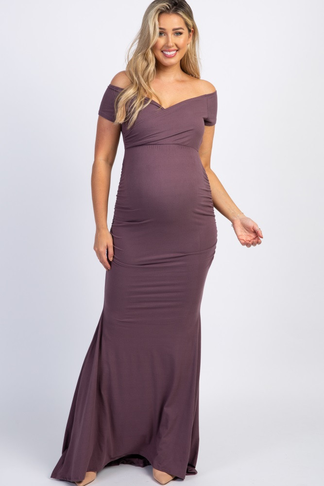 Plum Off Shoulder Wrap Maternity Photoshoot Gown/Dress | PinkBlush Maternity