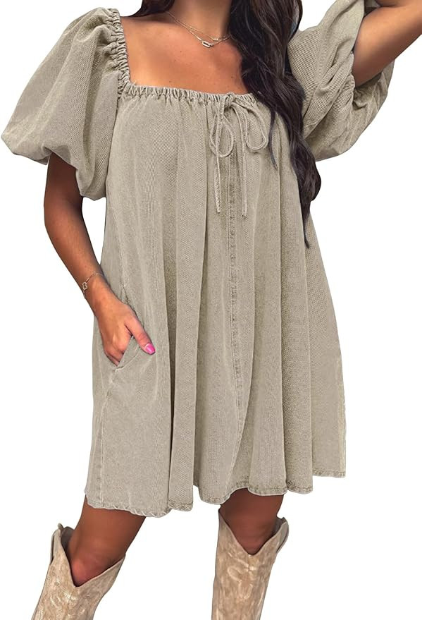 EXLURA Womens Summer Denim Short Puff Sleeve Dresses Knit Loose Plus Size Short Mini Dress 2025 T... | Amazon (US)