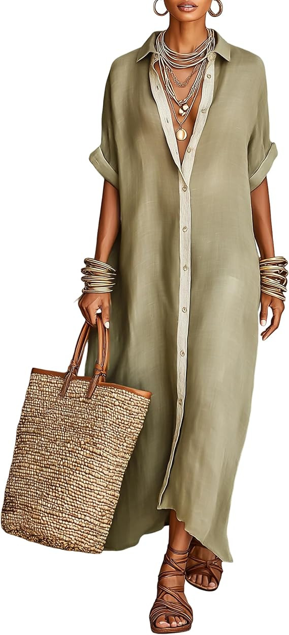 Womens Color Block V Neck Shirt Dress Linen Cotton Button Down Coverups Casual Loose Beach Maxi D... | Amazon (US)