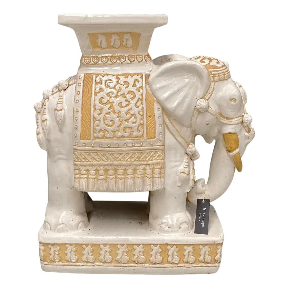 Vintage Asian Ceramic Elephant Plantstand in Beige, 1970s | Chairish