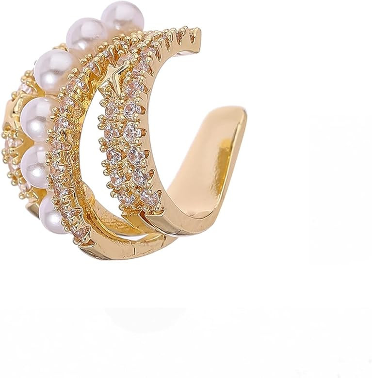 Dainty Gold Pearl Crystal Ear Cuff Earring for Women,Glitter Bling Sparkly Cubic Zirconia Multila... | Amazon (US)