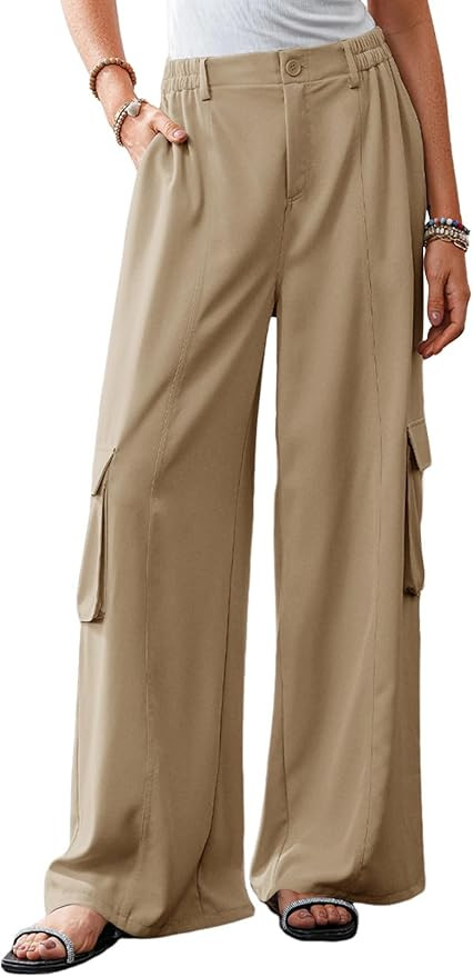 Dokotoo Women's Wide Leg Pants 2024 Flowy Casual Trendy Pants Straight Leg High Waist Stretch Pal... | Amazon (US)
