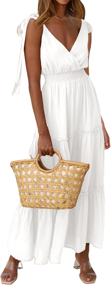 PRETTYGARDEN Women's Cross Neck Summer Sleeveless Tiered Maxi Dress Beach Tie Strap Smocked Long ... | Amazon (US)