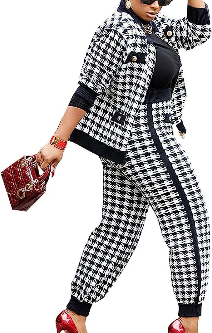 SOMTHRON Women’s Houndstooth Print 2 Piece Outfit Zip Up Long Sleeve Jacket Long Pants Set Work... | Amazon (US)