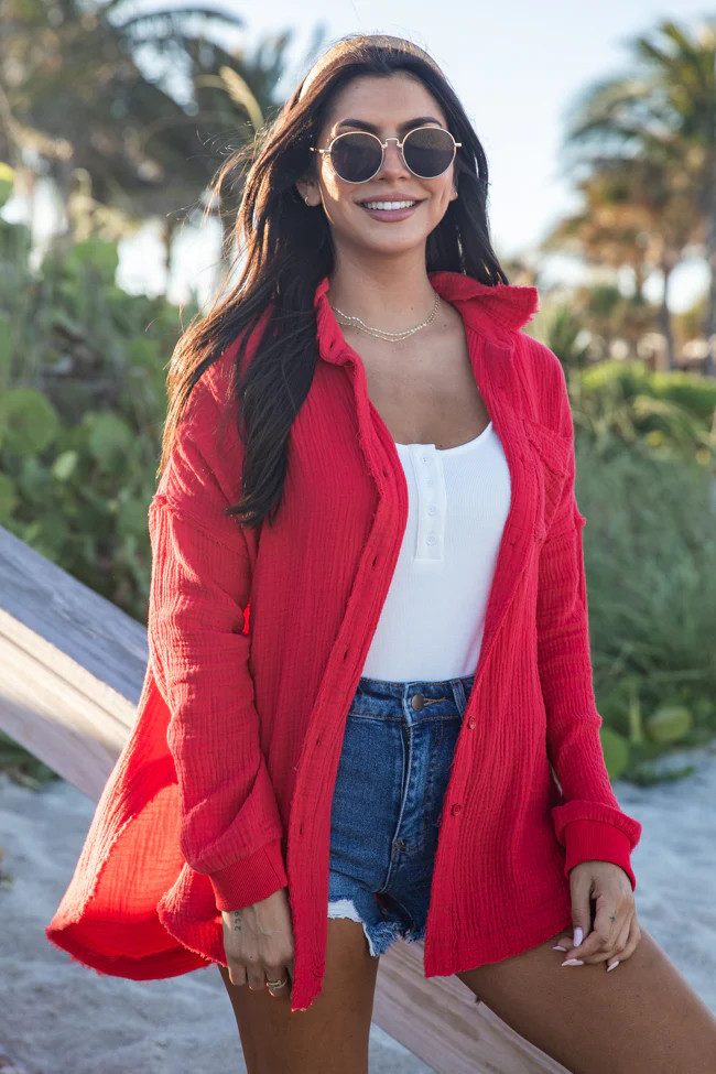 Let Me Adore You Red Button Front Gauze Blouse | Pink Lily