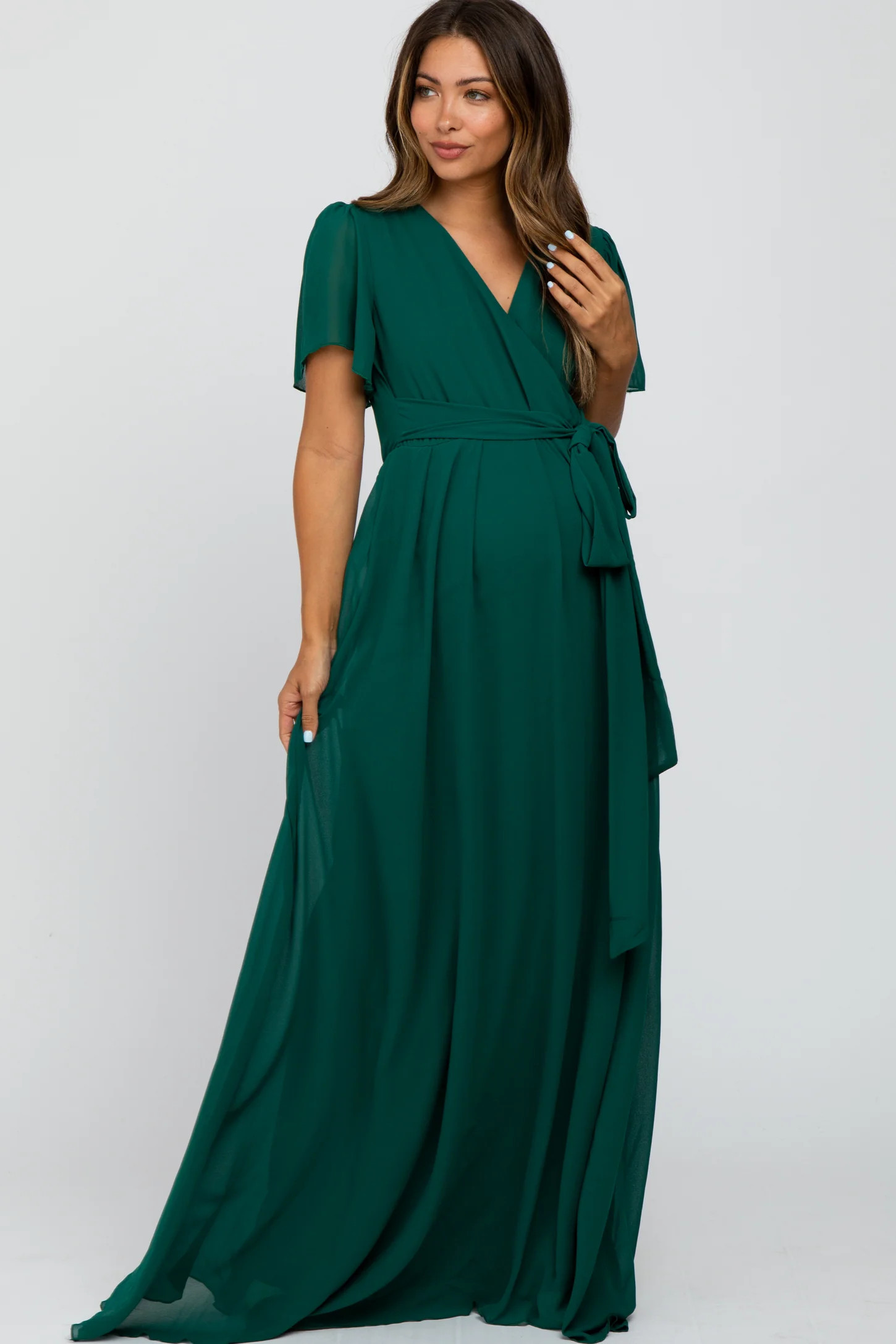 Forest Green Chiffon Short Sleeve Maternity Maxi Dress | PinkBlush Maternity