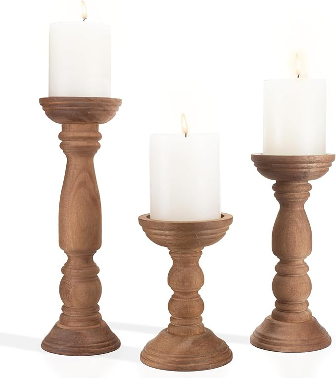 BANOMII Farmhouse Wooden Candle Holders for Pillar Candles Set of 3, Rustic Wood Candle Holder Ta... | Amazon (US)