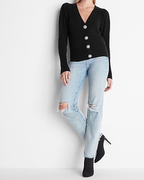 Jewel Embellished Faux Button Puff Sleeve Sweater | Express