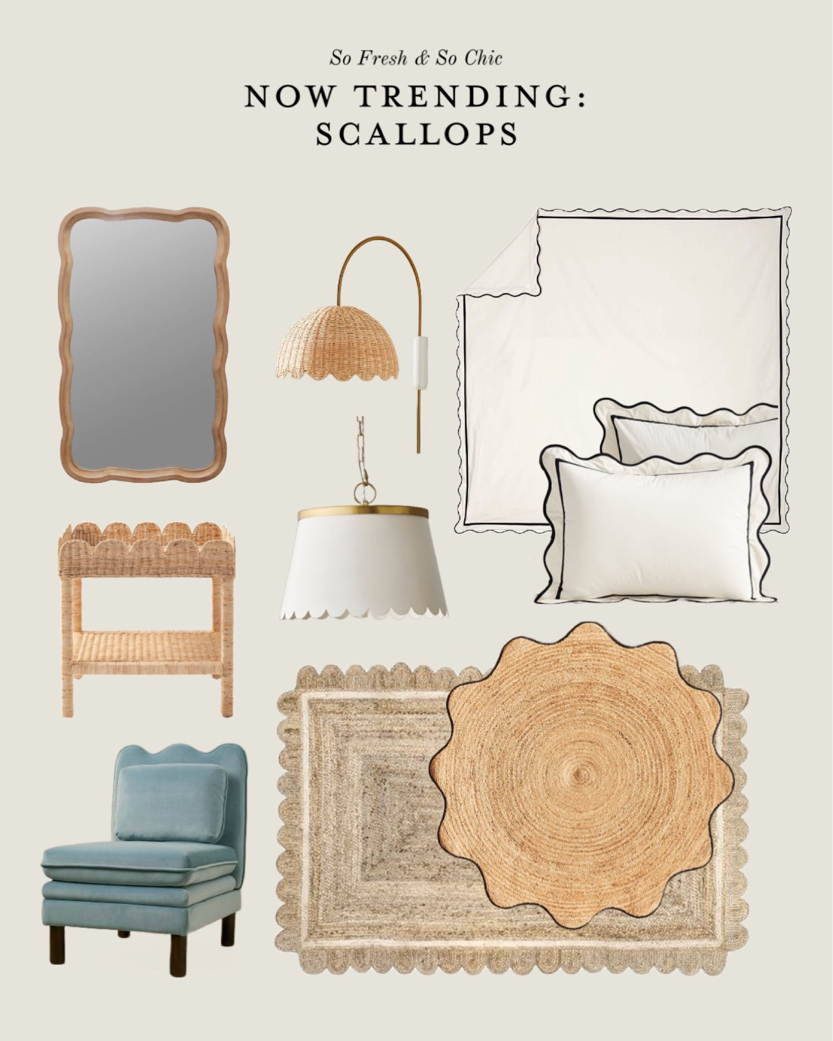 Everything scalloped! 
-
Scalloped bubble wall sconce - scalloped ceiling pendant light - scalloped wood frame mirror - scalloped rattan side table - black and white scalloped duvet cover set - scalloped velvet slipper chair - scalloped jute rugs - round jute rug - rectangle jute rug - minimalist decor - kids room decor - whimsical decor - living room decor - bedroom decor - Anthropologie - Wayfair - Serena and Lily - west elm - pottery barn - target - opalhouse - Emily and Merritt 

#LTKbaby #LTKhome #LTKkids