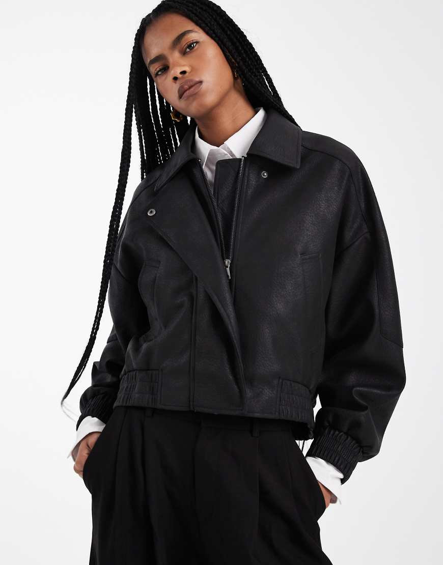ASOS DESIGN leather look biker bomber jacket in black | ASOS (Global)