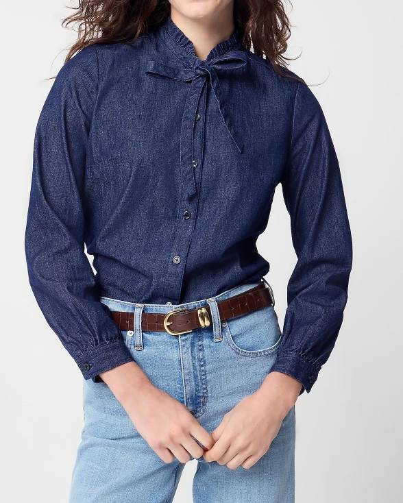 Ruffle collar tie neck denim button up shirt

#LTKSeasonal #LTKSaleAlert