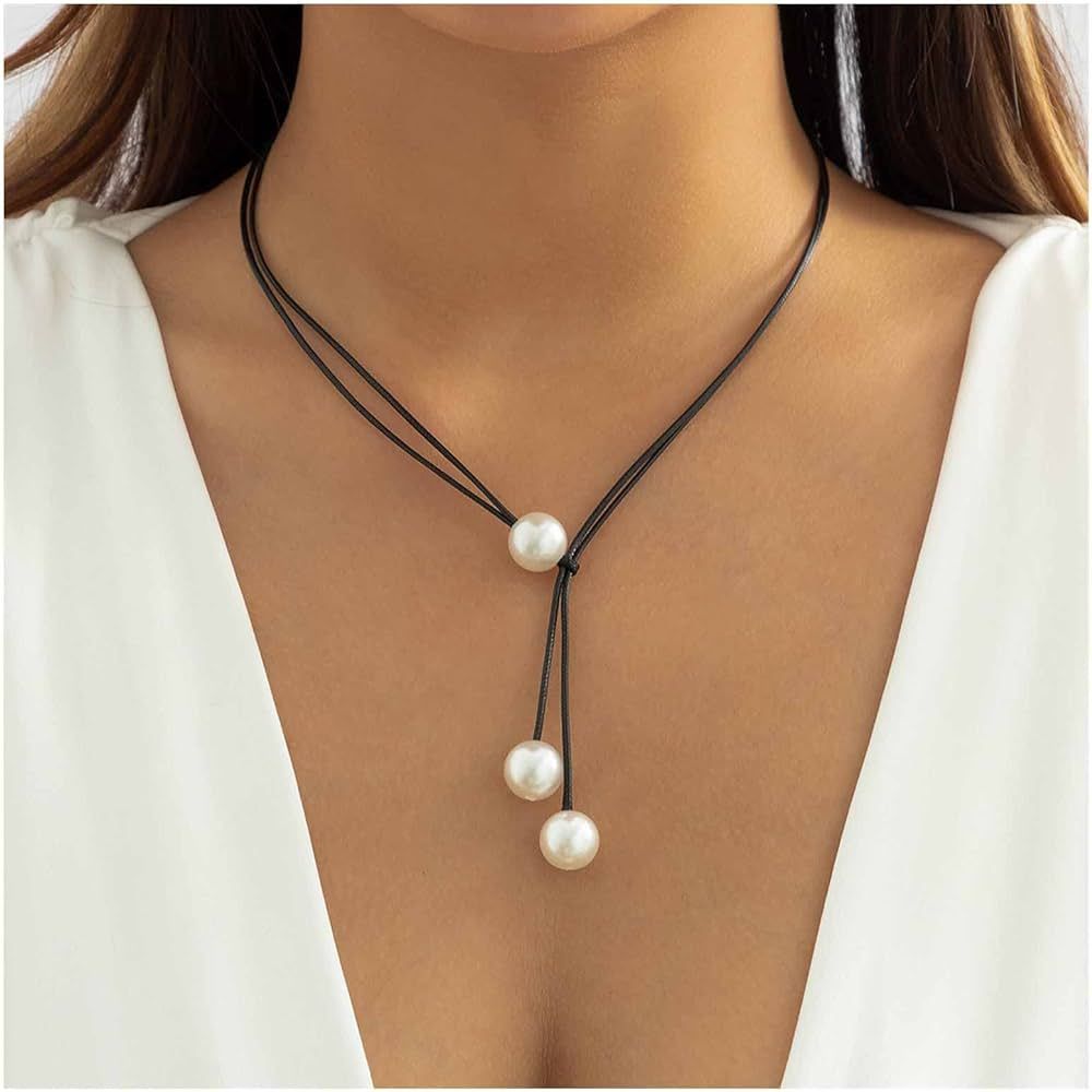 Iaceble Vintage Leather Y-Shape Necklace Black Cord Pearl Lariat Necklace Long Suede Necklace Cha... | Amazon (US)